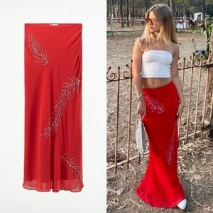 Zara Red Maxi Skirt with Crystal Feather Detail
